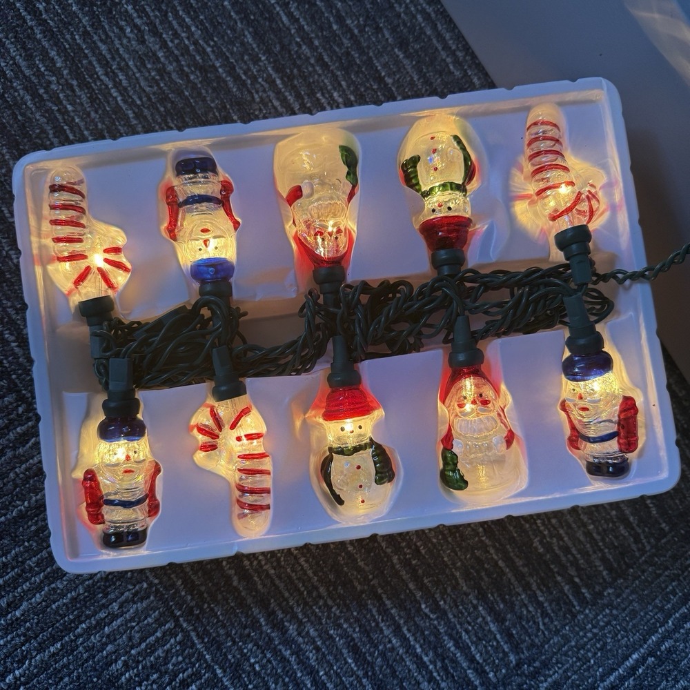 Vintage 2002 Target Christmas Glass Novelty 10 Lights Strand Santa Snowman